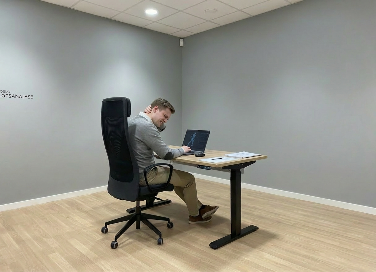 Specialist reviewing gait analysis data on a large monitor between two motion capture cameras.