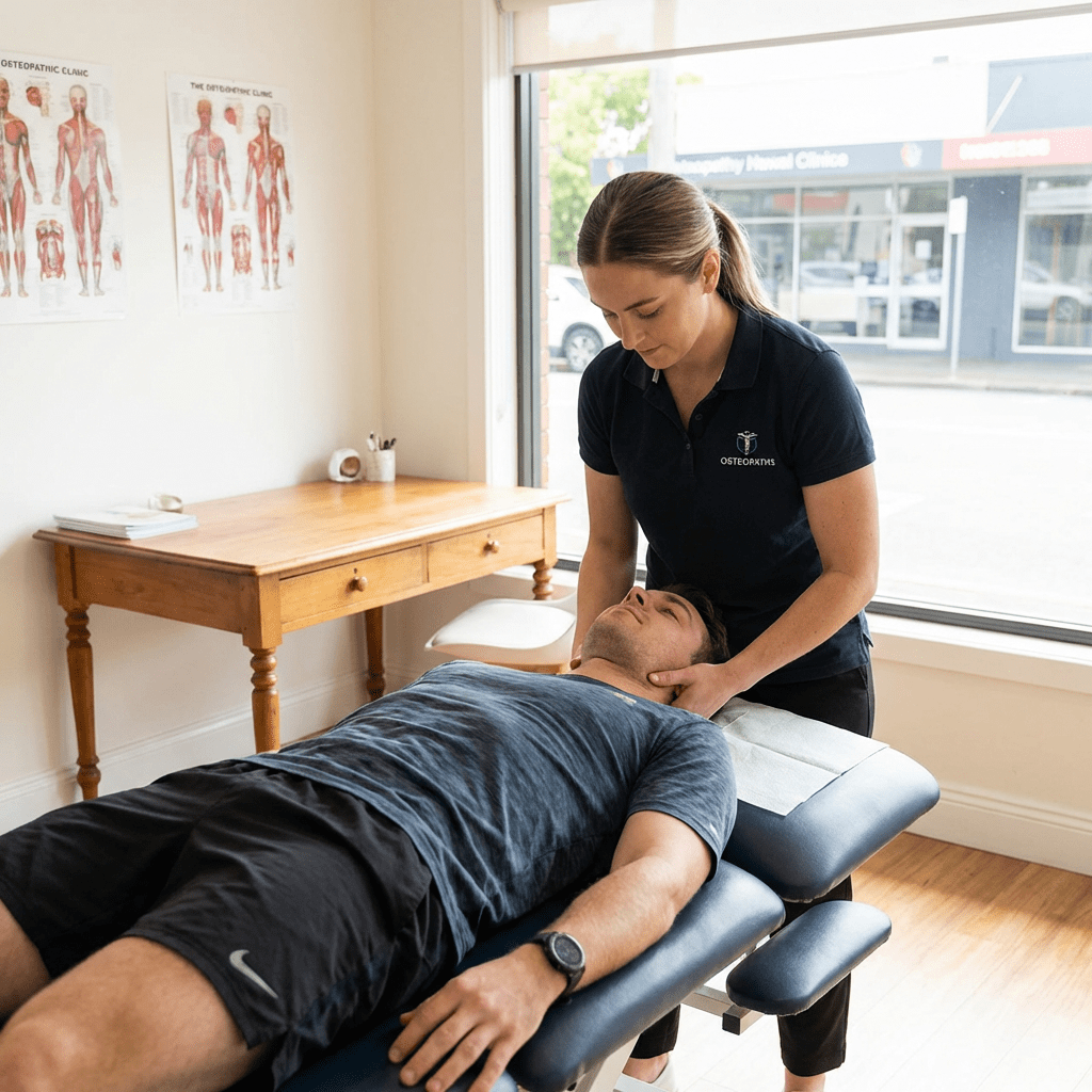 An osteopath performing a manual neck adjustment on a patient in a treatment room.